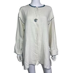 Xiao Women's S White Blue Linen Lagenlook Artsy Art To Wear Asian Tunic Top VGUC